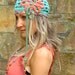 HIPPIE FLOWER turquoise BEANIE hat with Headband Flower Hat crochet Cotton Beanie hat Charming Boho Hat made to order
