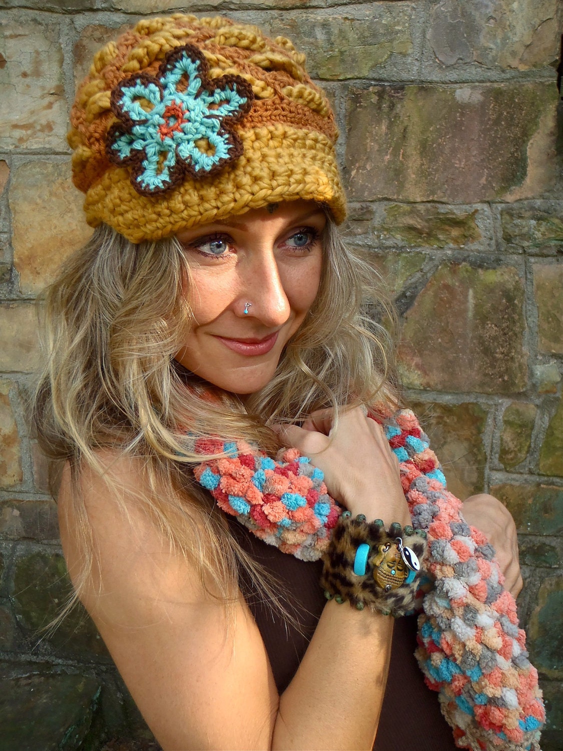 SLOUCH BEANIE hat flower NEWSBOY hat visor beanie Slouchy hat Hippie gypsy funky hat Mustard Yellow Rust