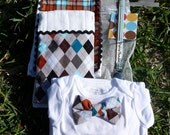 Baby Shower Gift Set: Little Nerd Petite Gift Set includes onesie, two burp cloths and paci clip in net bag with enclosure card