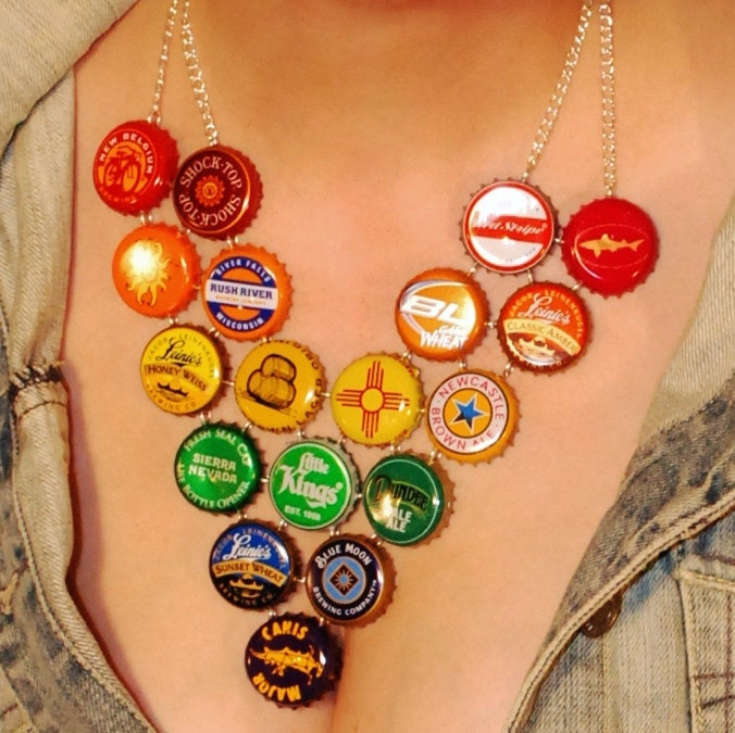 Chevron Beer Bottle Cap Statement Necklace - Custom and OOAK