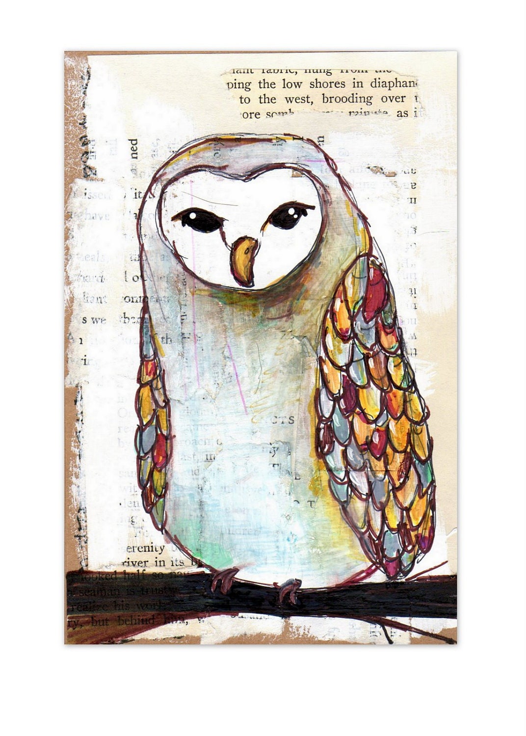 barn owl 4x6 photo PRINT of multimedia painting - winter bird with colorful feathers on his wings FREE SHIPPING