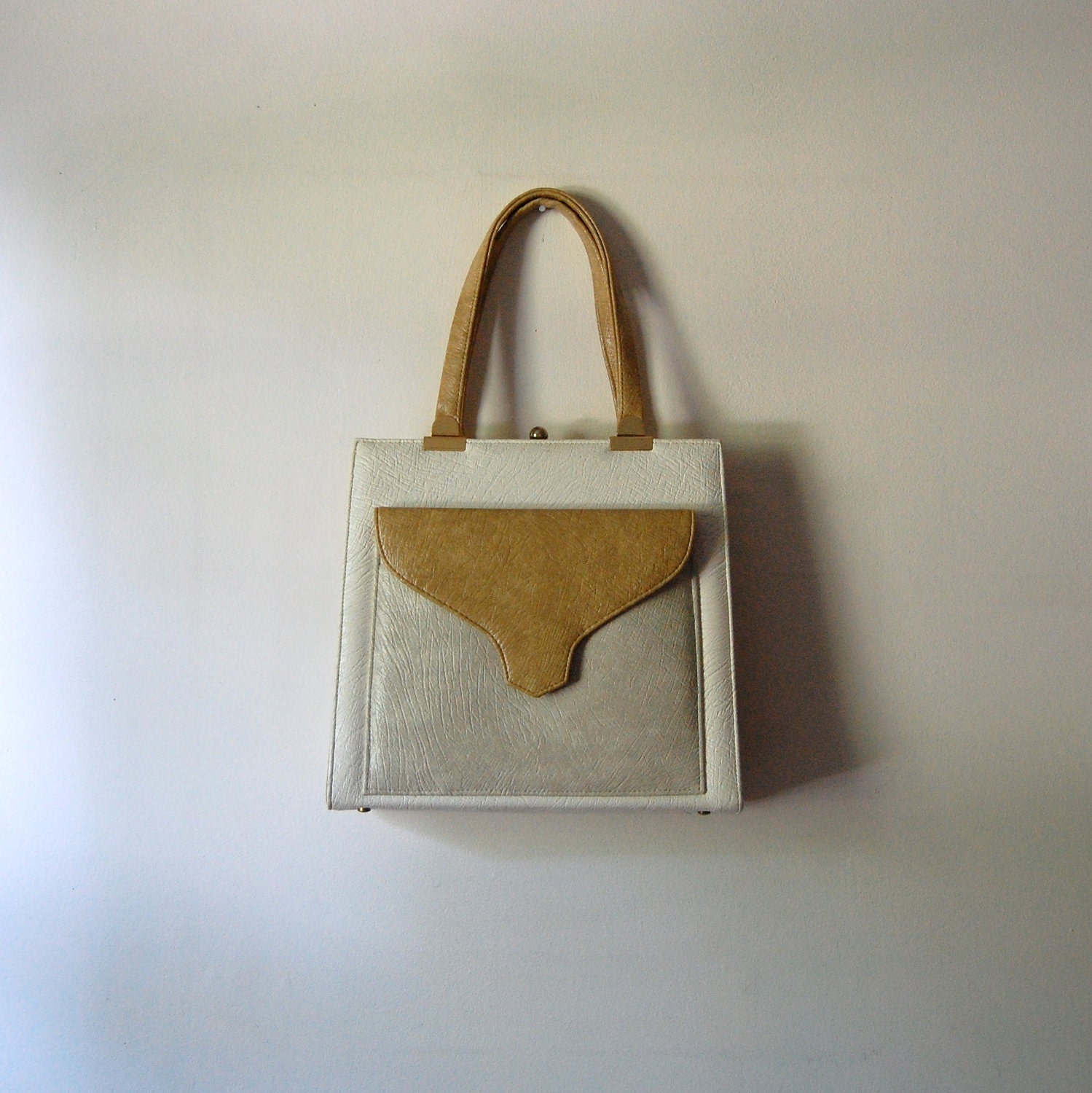 SALE - Vintage Purse - Off-White and Tan Berne Classic Large Tote with Gold Tone Adornments