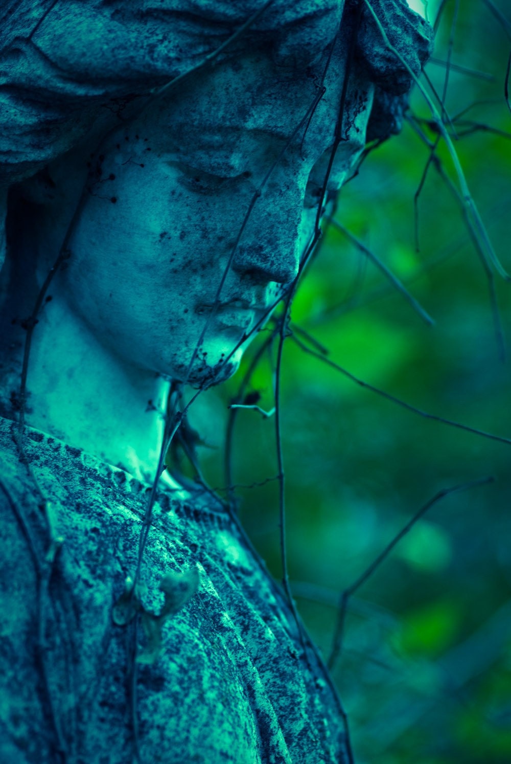 Cemetery Photograph - Angel Face, Blue and Green, Condolence Gift, Tombstone, Sadness and Grief, Graveyard - Angel - 8 x 12 - Fine Art Photo - Squintphotography