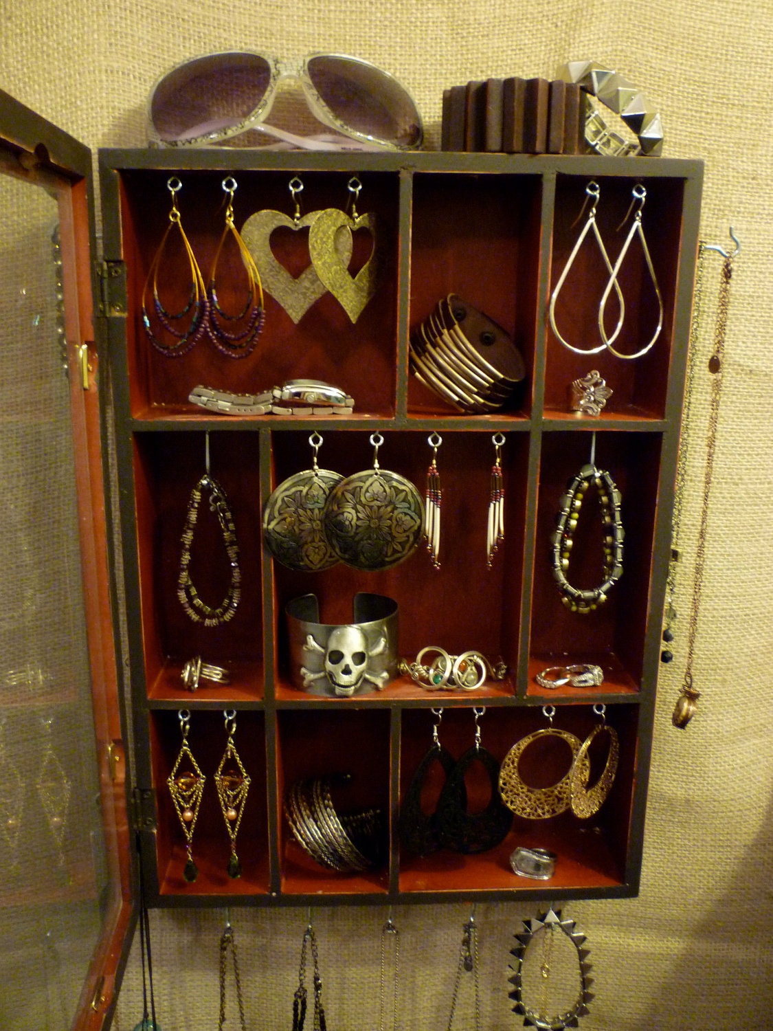 Upcycled Jewelry Organizing Display (Charcoal Grey and Red Cabinet)