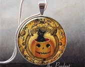 Black Cat Pumpkin Halloween pendant, Halloween necklace charm, Halloween jewelry