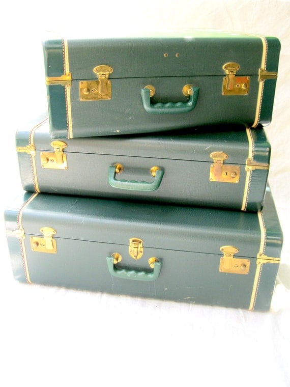 Vintage Luggage //Three// Emerald Green Suitcase Set //Stackable Traveling Bags from Tessiemay