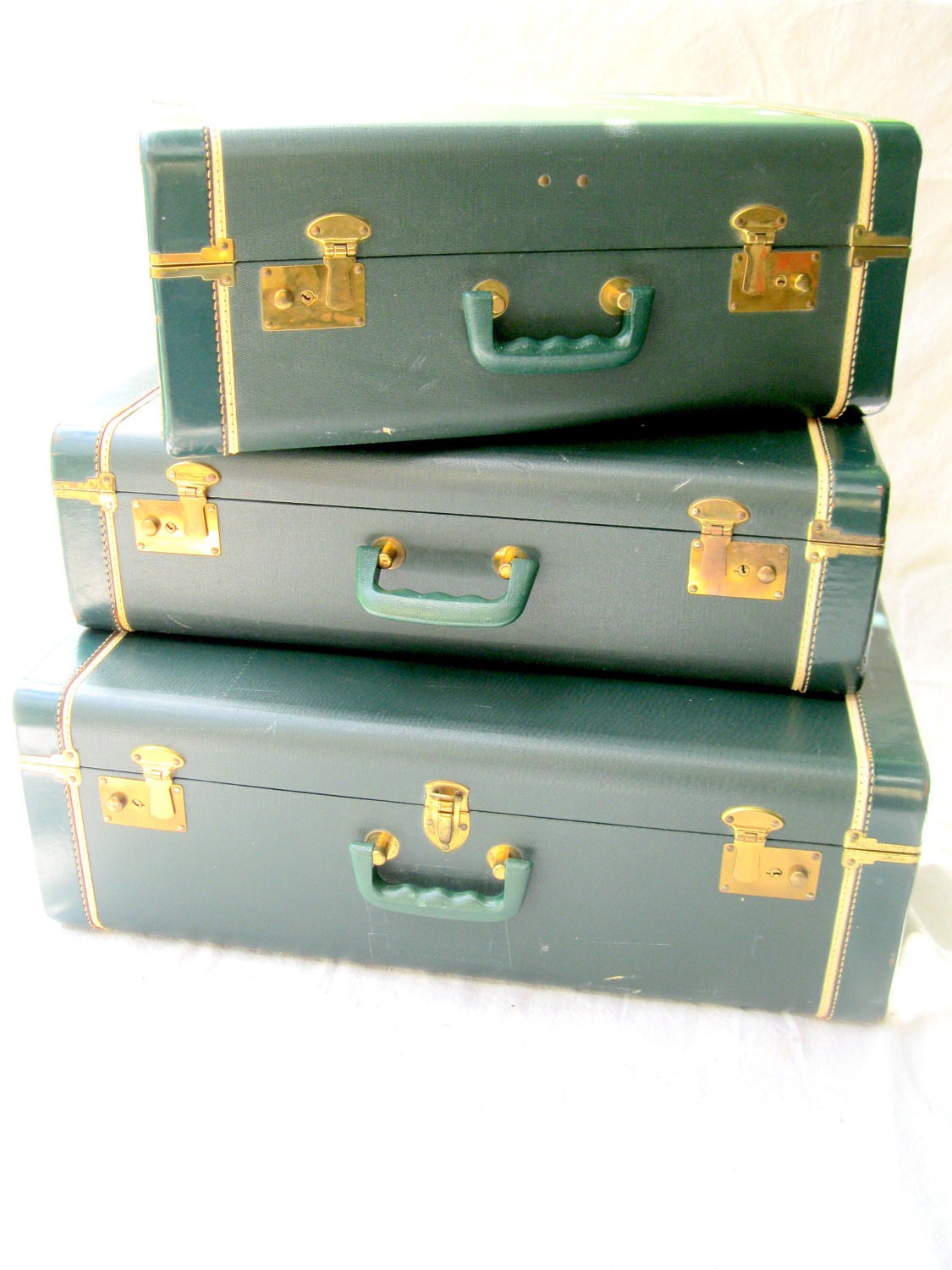 Vintage Luggage //Three// Emerald Green Suitcase Set //Stackable Traveling Bags from Tessiemay