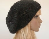 Slouchy Beanie Slouch Hats Baggy Beret Women Teen Men Unisex Black Multi-color Flecks Hand knit Chunky Hand Made Knit winter acccessories