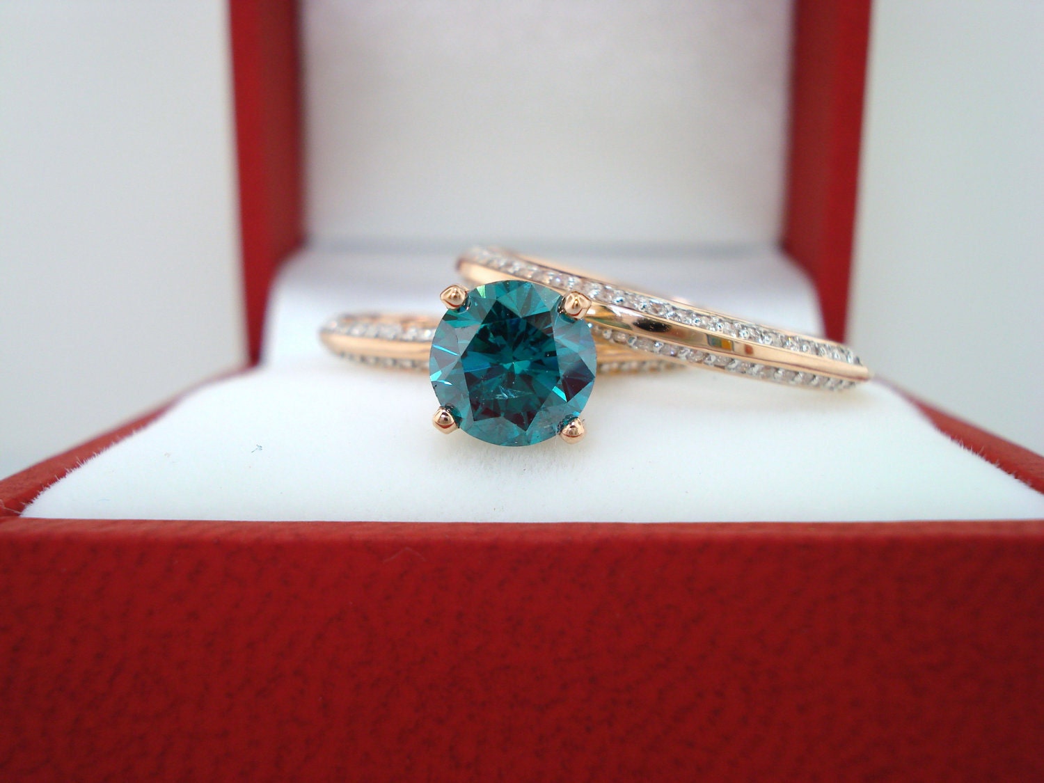 14K Rose Gold 1.51ct Blue & White Diamonds Engagement Ring Wedding Band Sets Micro Pave HandMade
