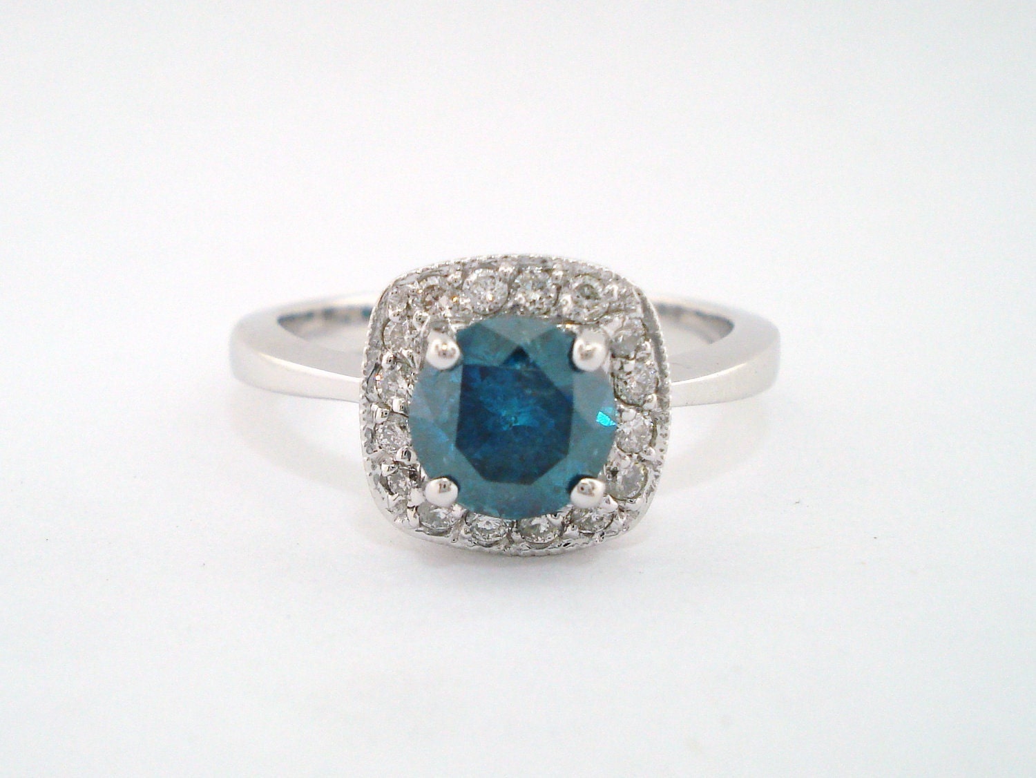18K White Gold 1.23ct CERTIFIED Blue & White Diamonds Engagement  Ring HandMade Halo Ring