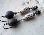 SALE - Beaded Earrings - Polymer Clay Beads - Wood, Metal, Polka Dots, Stone, Neutrals - Black, White, Grey - Rustic Earrings