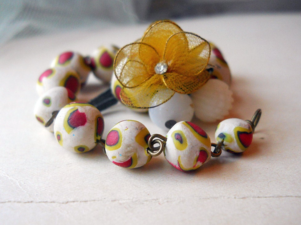 Beaded Bracelet - Handmade Polymer Clay Beads - Vintage Charms - Red, White, and Yellow - Rustic Bracelet