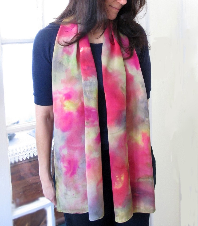 Hand-Painted Crepe de Chine Scarf Romantic Flowers