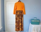 70s Hippie Hostess Dress Vintage Orange Floral Patchwork Maxi Dress Long Sleeve Small Medium