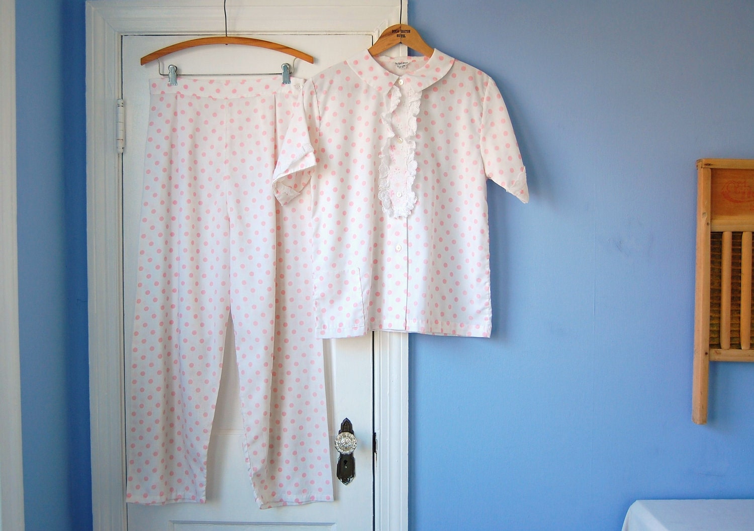 Pink Polka Dot Pajamas Set Vintage 60s Cotton Pajamas Women's Pyjamas Short Sleeve PJs Saks Fifth Avenue Lingerie Small