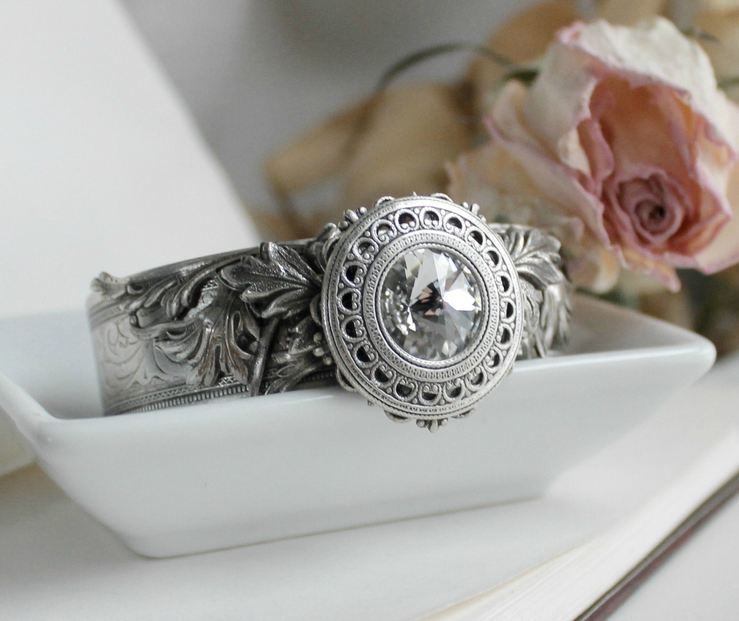 Imladris Silver and Swarovski Cuff - Silver - Crystal - Wedding - Bridal - Nature - Spring - LOTR - Victorian