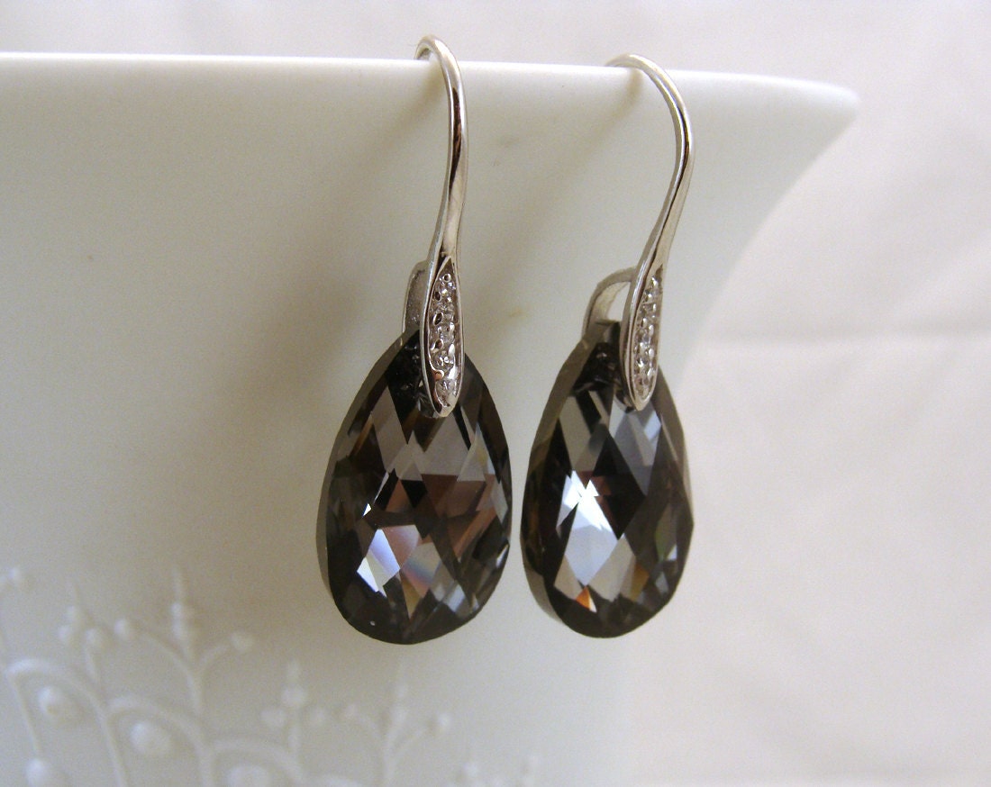 Elegant Silver night teardrop pendant earrings with cubic zirconia earwires