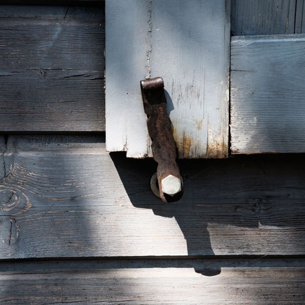 cool gray shutters photography, 12x12 print, architecture detail, hinge, wooden wall, blue, grey, rustic, wood grain, cold tones, carpentry