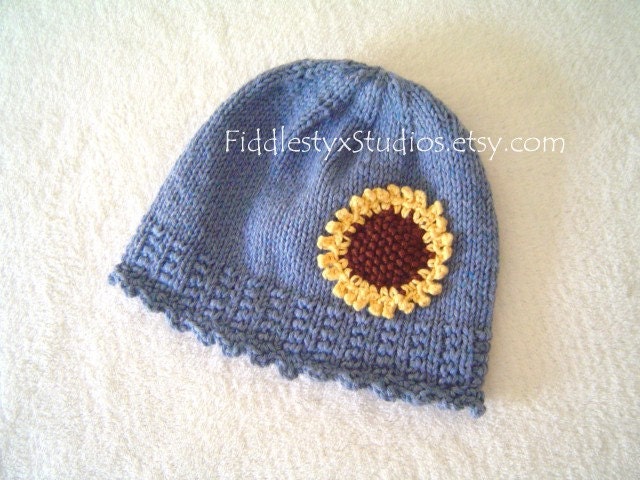 Ready to Ship Hand Knit Hat - Baby Girl Hat - Denim Blue Sunflower Toddler Hat (Toddler size) Summer Children Clothing Summer Accessories