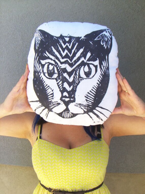 Plush Cat Pillow. Hand Woodblock Printed. 16 inches. Pick your colors. Made to Order.