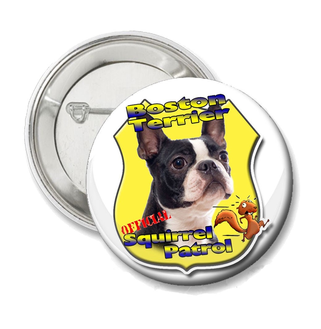 Choose your breed,,, Official Squirrel Patrol Button, Boston Terrier, Chihuahau etc.