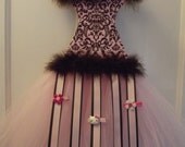 Ballerina Tutu Hair Bow and Clip Holder Hand Made Boutique Style Girly Pink Brown Damask Girl Room Accessory