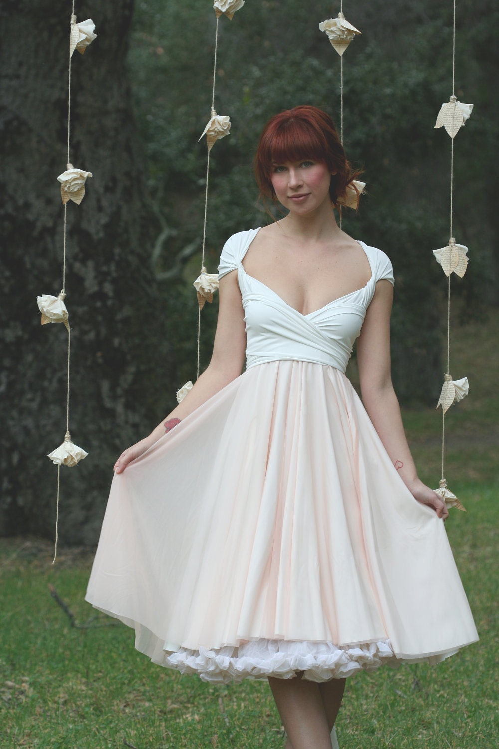 Ready to Ship- Last of Fabric- Avalon Peach Chiffon with Magnolia off White Convertible Wrap Dress
