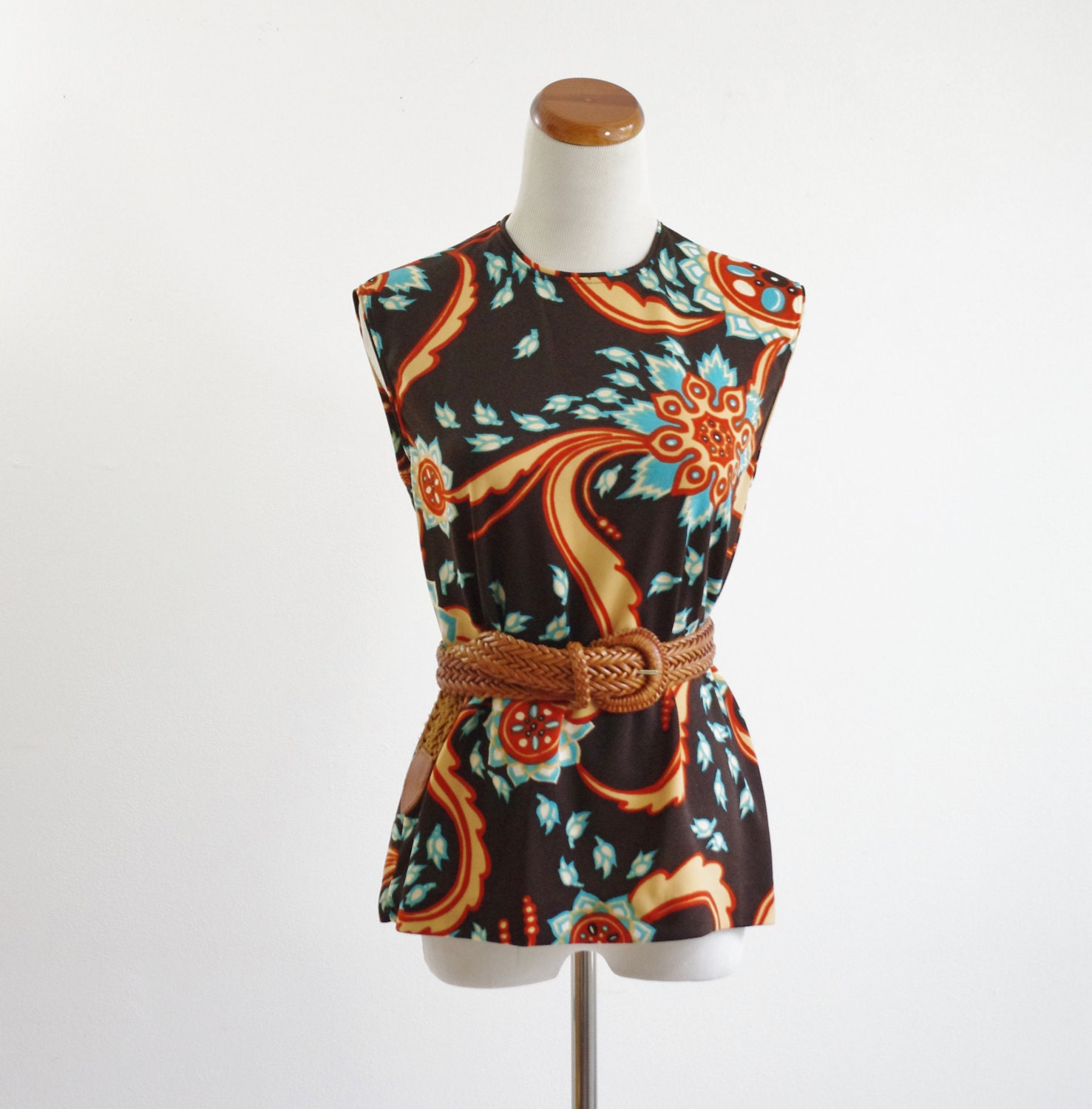 Vintage Sleeveless Blouse -- Retro 70s Brown Aqua Orange Top -- Large