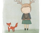 Children Wall Decor - Red Fox and Deer Girl Cute Illustration Print