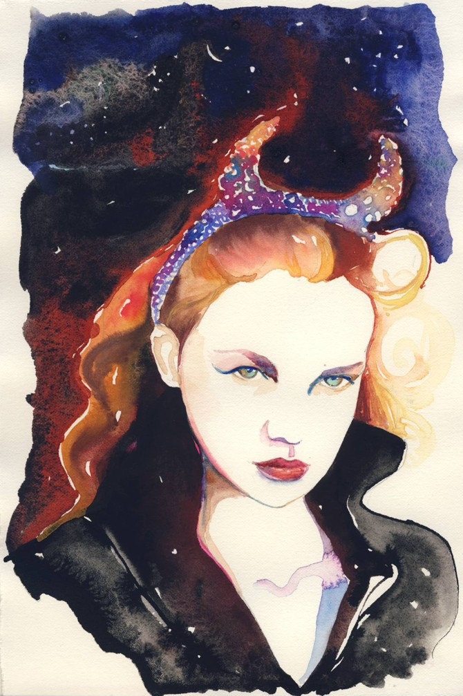 Original Watercolor Painting, Fashion Illustration. Titled - Vampireink 1