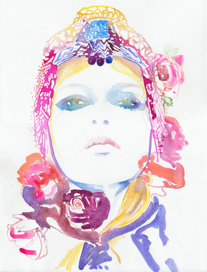Watercolour Painting Fashion Illustration 13" x 19" Print  - Roses