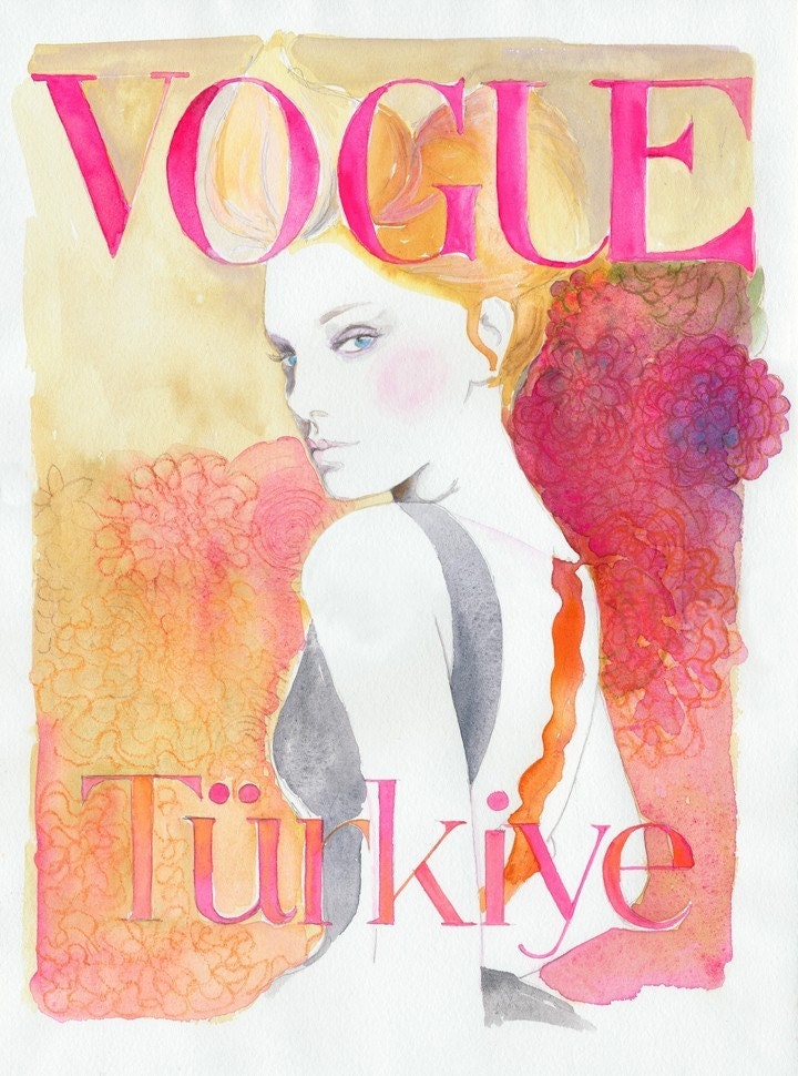 Print of Watercolor Fashion Illustration 13" 19". Titled - Vogue Turkey.