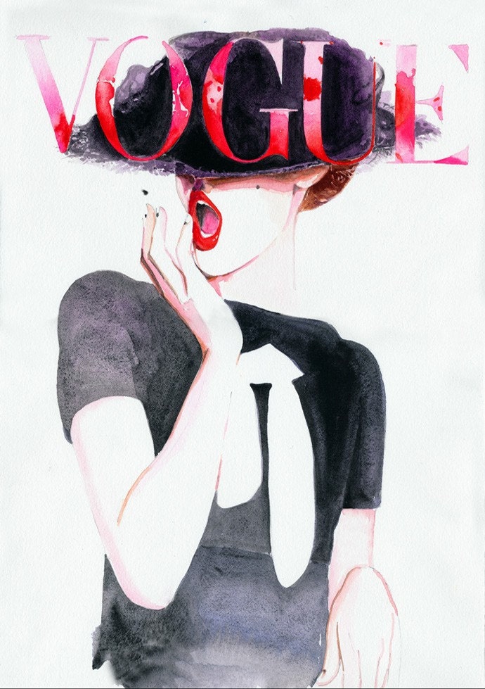 Print of Watercolor Fashion Illustration 11" x 17". Titled: German Vogue.