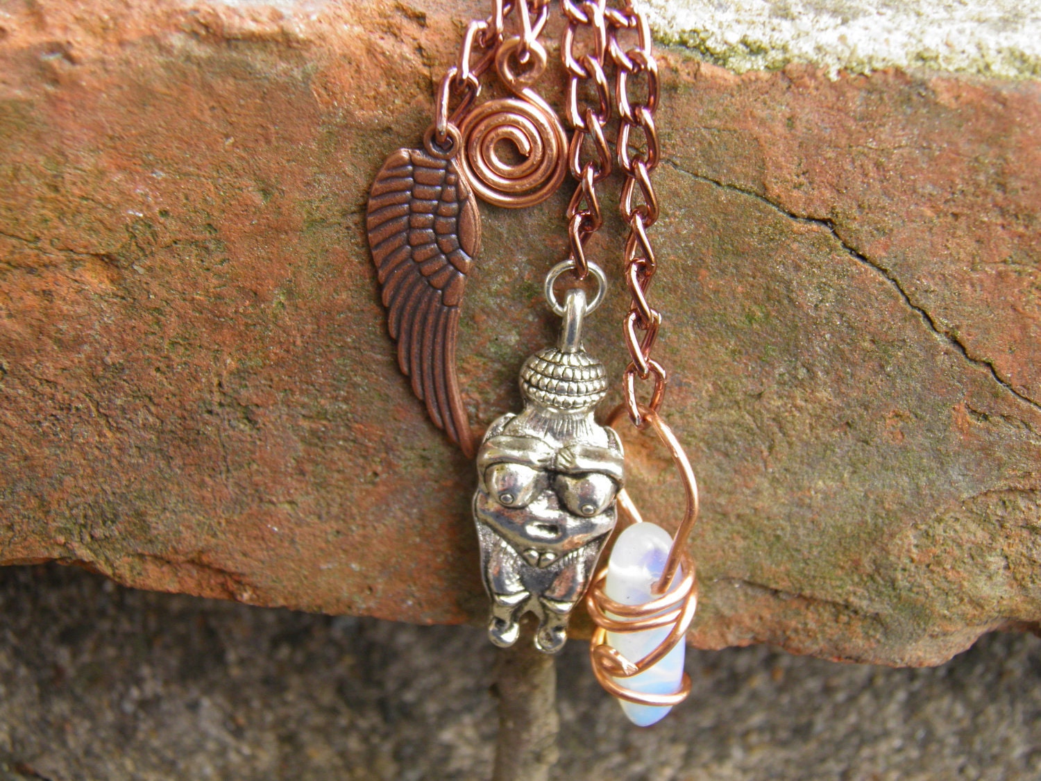 Goddess Necklace Moonstone Fertility Goddess Venus of Willendorf Solid Copper Wire Wrapped Spiral of Life Goddess Jewelry Wiccan Goth Pagan