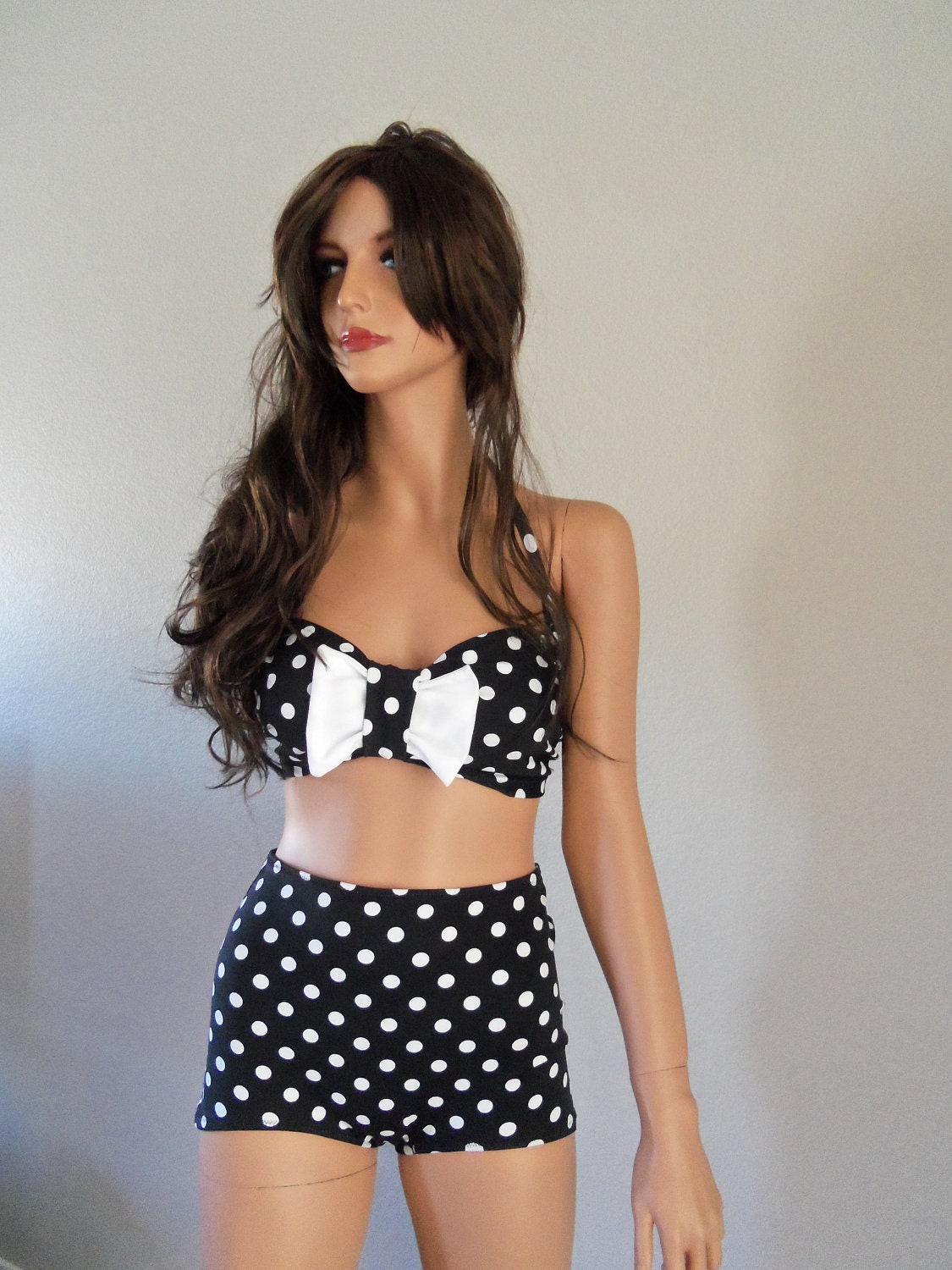 White Bow High Waist Polka Dot retro swimsuit made to order