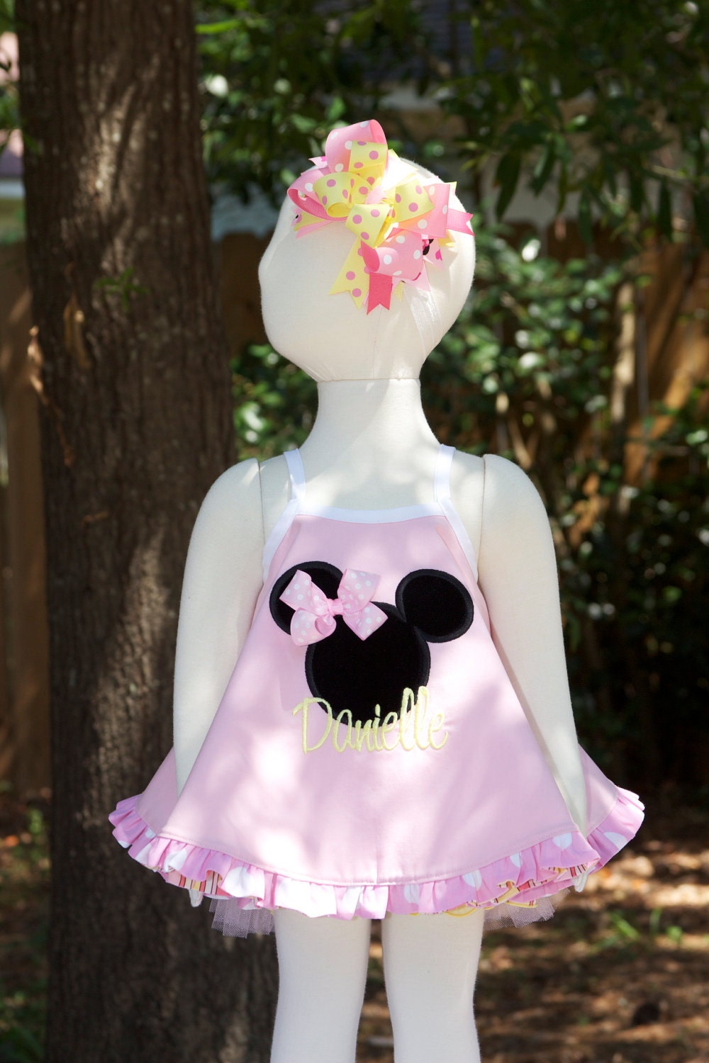 LIMITED Outfit - Pastel Minnie Embroidered Swing Top Dress, Ruffled Bloomer Diaper Cover, Layered Hair Bow 0-3m, 3-6m, 6-12m, 12-18m, 18-24m
