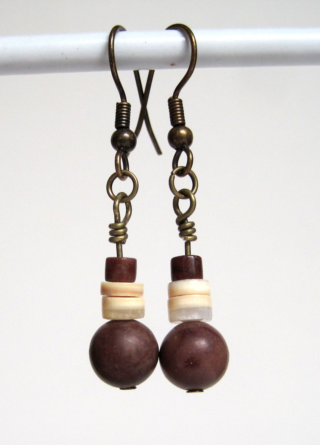 Matte Brown Earrings, Brown Boho Earrings, Vanilla Shell Heishi, Light Tan, Wire Wrapped, Bronze Wires, Chocolate Brown