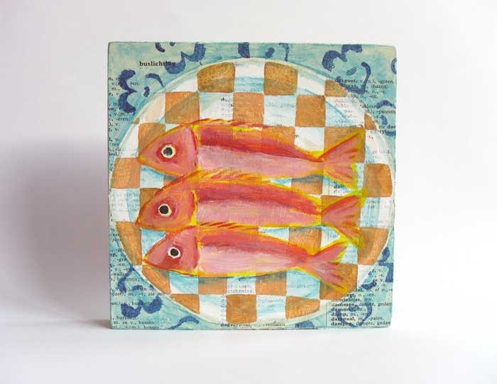 kitchen art, fish, original art on wood block, food painting, whimsical mixed media original, fine art, 5 x 5 inches orange blue