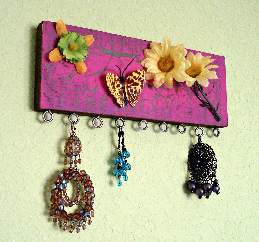 Jewelry organizer - flowers & butterfly - repurposed from scrap wood by Lolailo