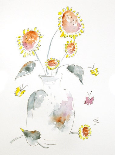 Original Watercolor, Watercolor Flowers, Flower painting, Sunflower painting, flower wall art -  Kissed By a Butterfly 3