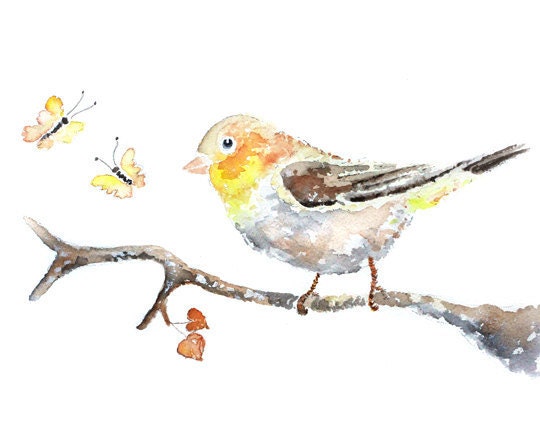 Bird Watercolor Painting, cottage wall art, playroom art, Yellow Bird Watercolor, whimsical bird art, Cottage Decor - Lemon Honey Sweet Puff