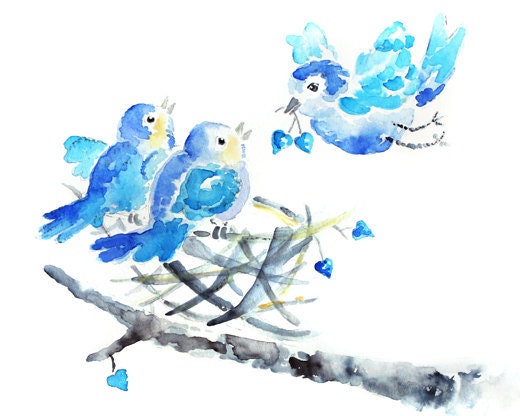 gift for new mom, blue nursery art, bird watercolor, twin nursery art, nursery wall art -  Twice the Love, Sweet Puffs, 8x10 print