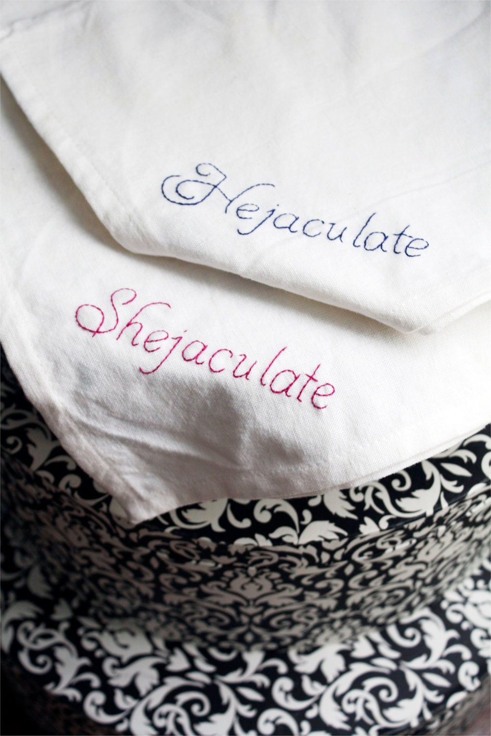 Shejaculate and Hejaculate Tidy Cloth - Mature - Hand Embroidered