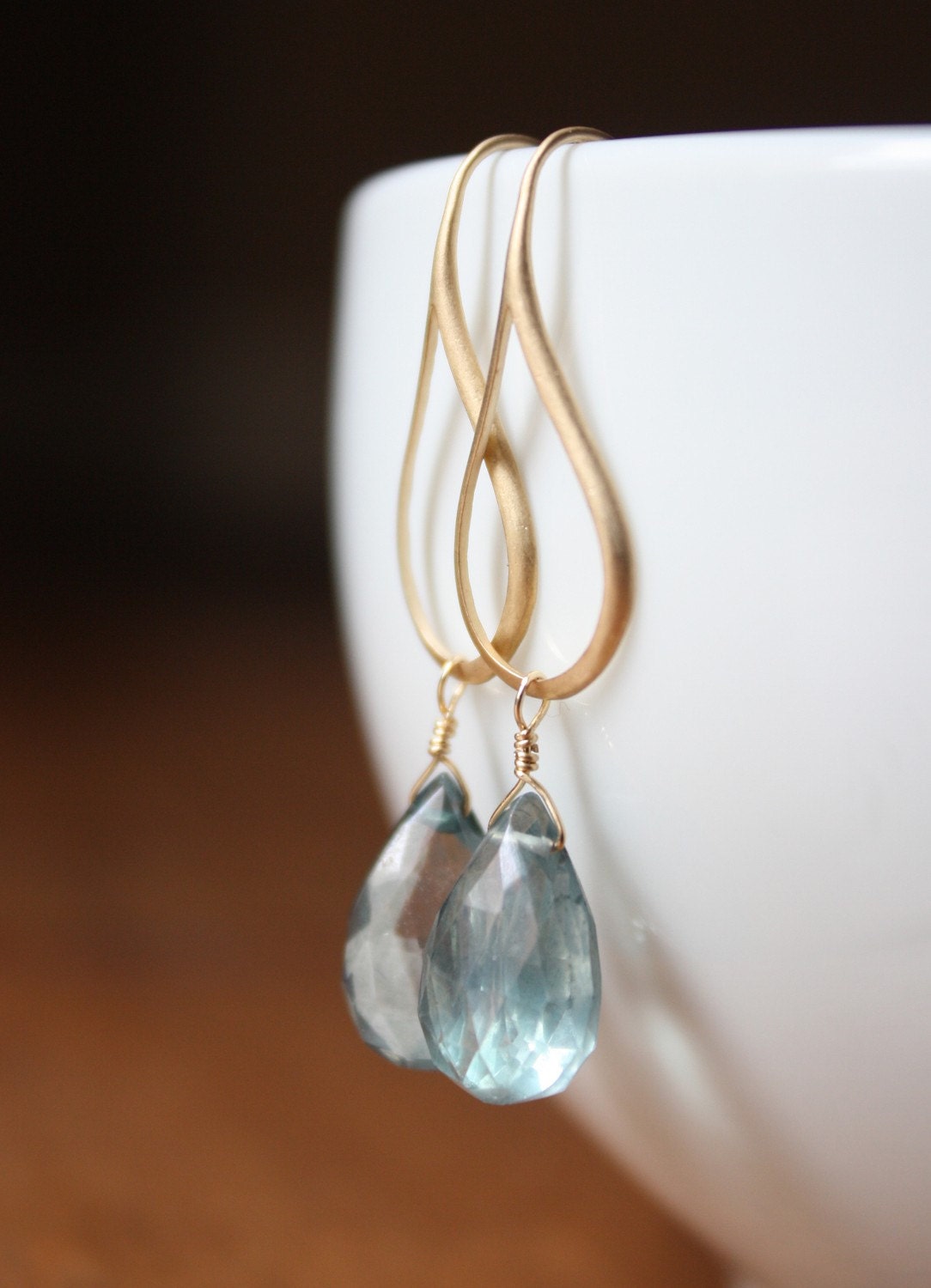 Gold teardrop earwire with a teal green quartz gemstone E72-G