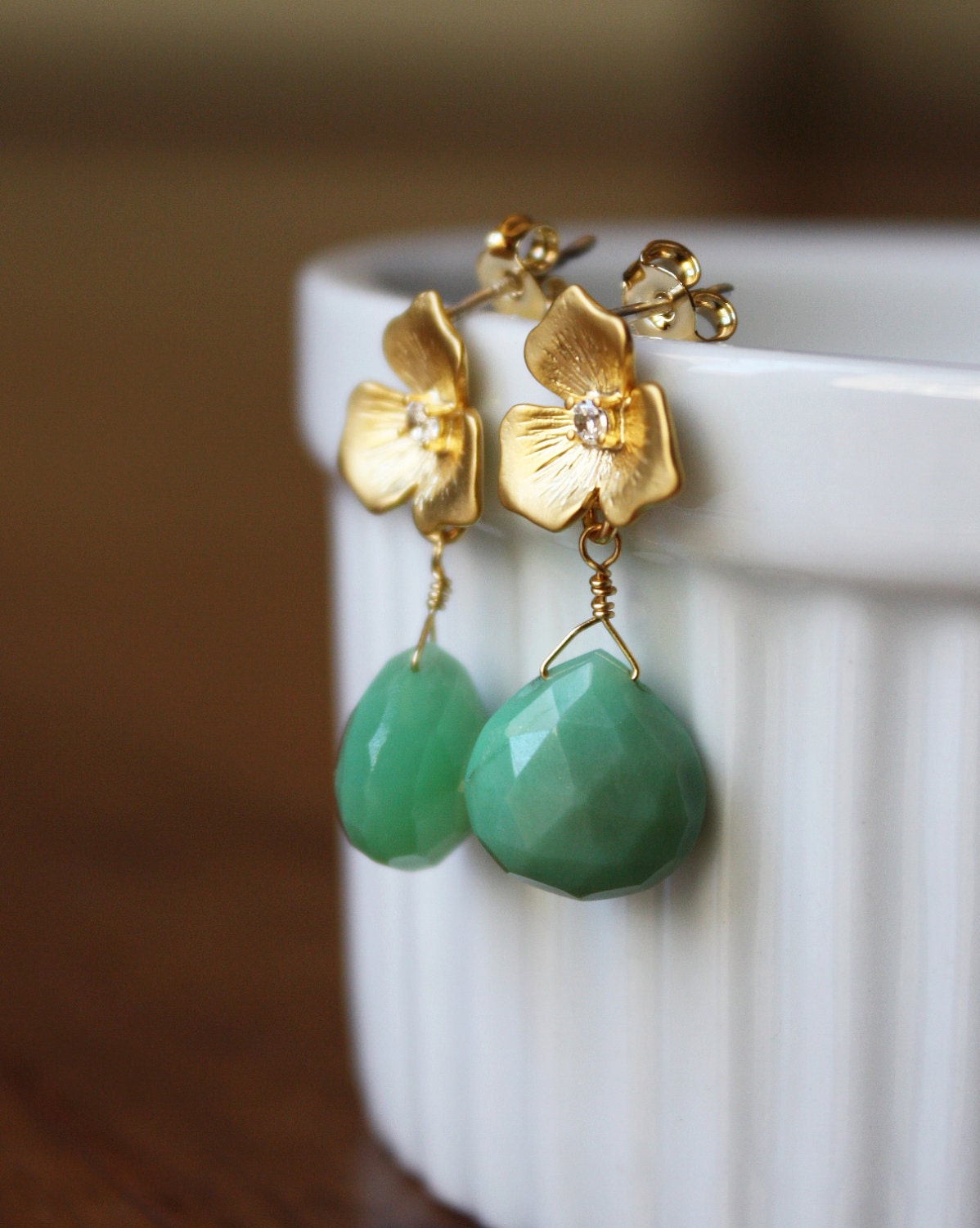 Petite 16k gold flower earrings with mint green chrysoprase briolettes and sterling silver posts E68-GV3