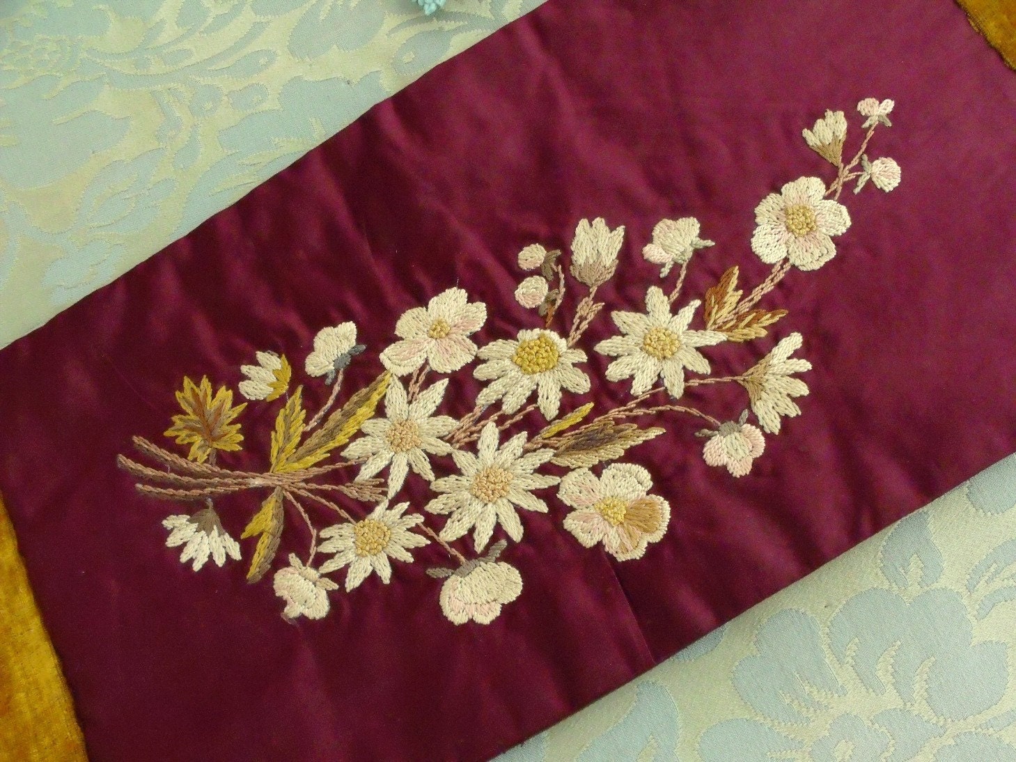 Antique Silk Panel of Embroidered Flowers