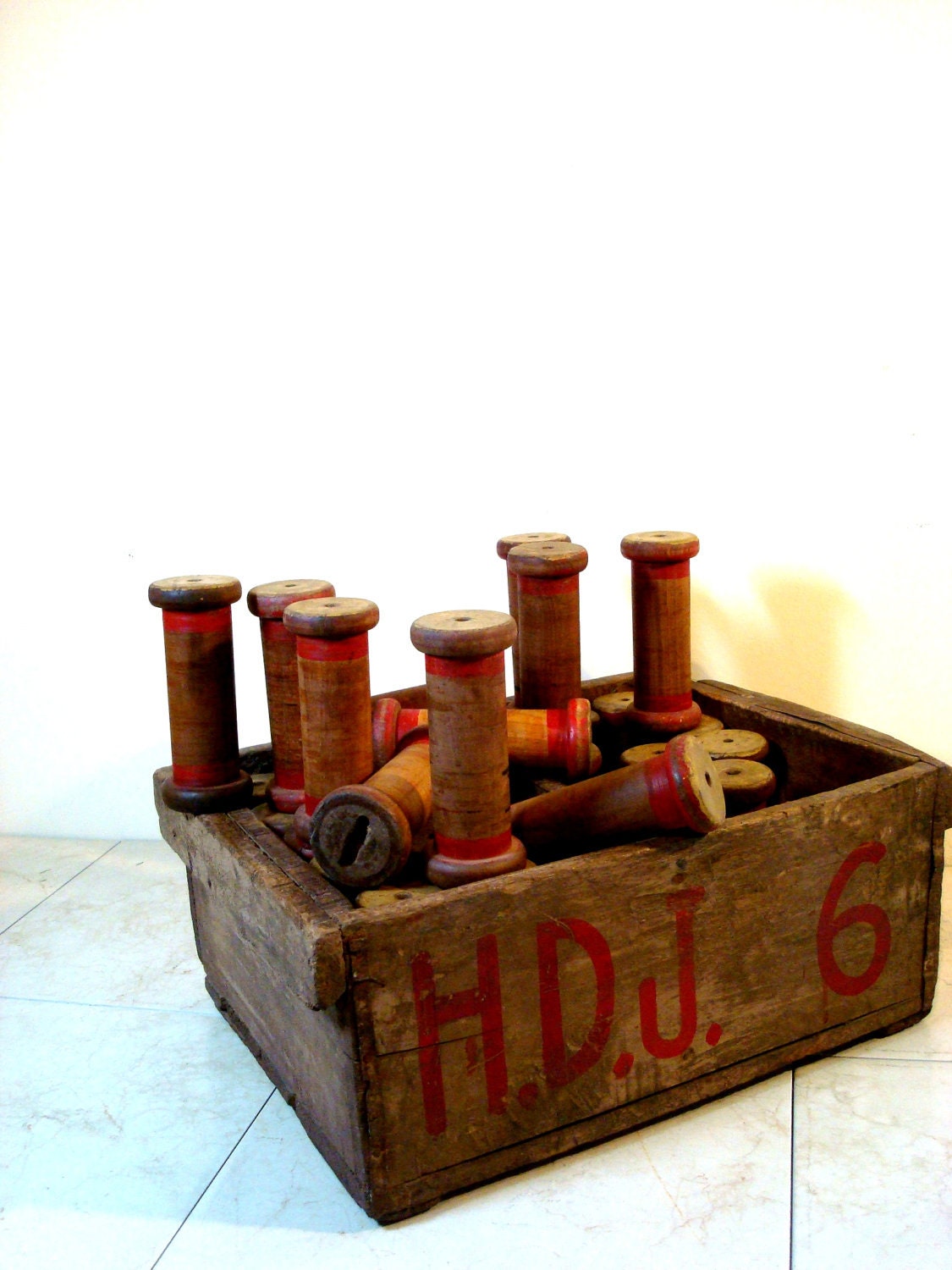 Vintage Industrial European Wooden Textile Bobbins with Red Stripe