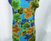 Vintage 1960s Dress Hawaiian Sleeveless Shift Homemade Floral Textured Cotton
