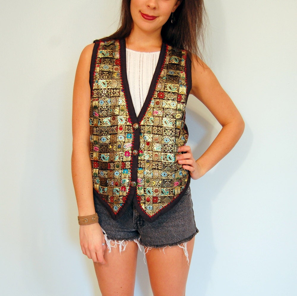 Gorgeous Gold and Electric Vintage Metallic Braided Ethnic Tribal Vest