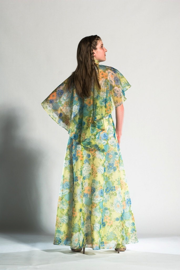 Vintage 1970s Long Evening Dress in Floral Print Pastels, Halter Top w/Capelet.